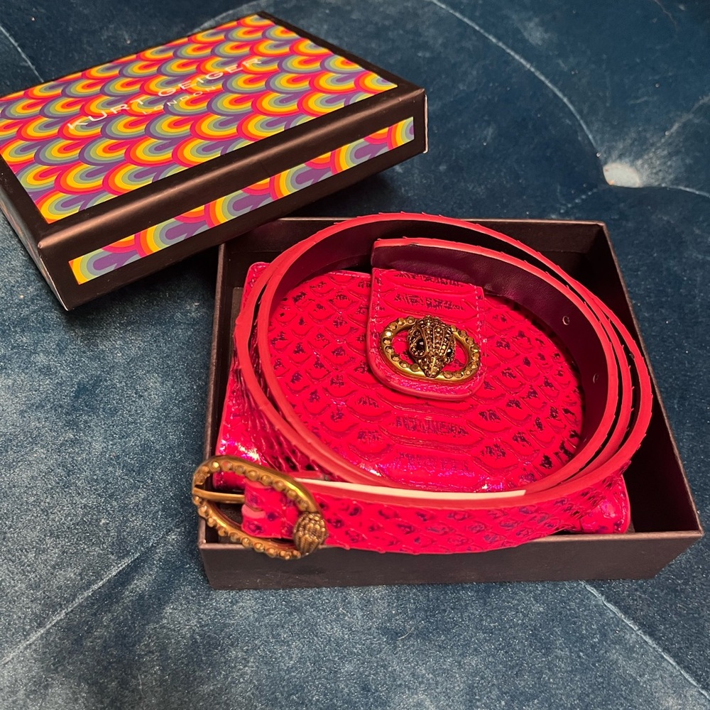 Kurt Geiger Fuchsia Snake-Embossed Wallet and Belt with Antique Gold Hardware - Picture 3 of 9